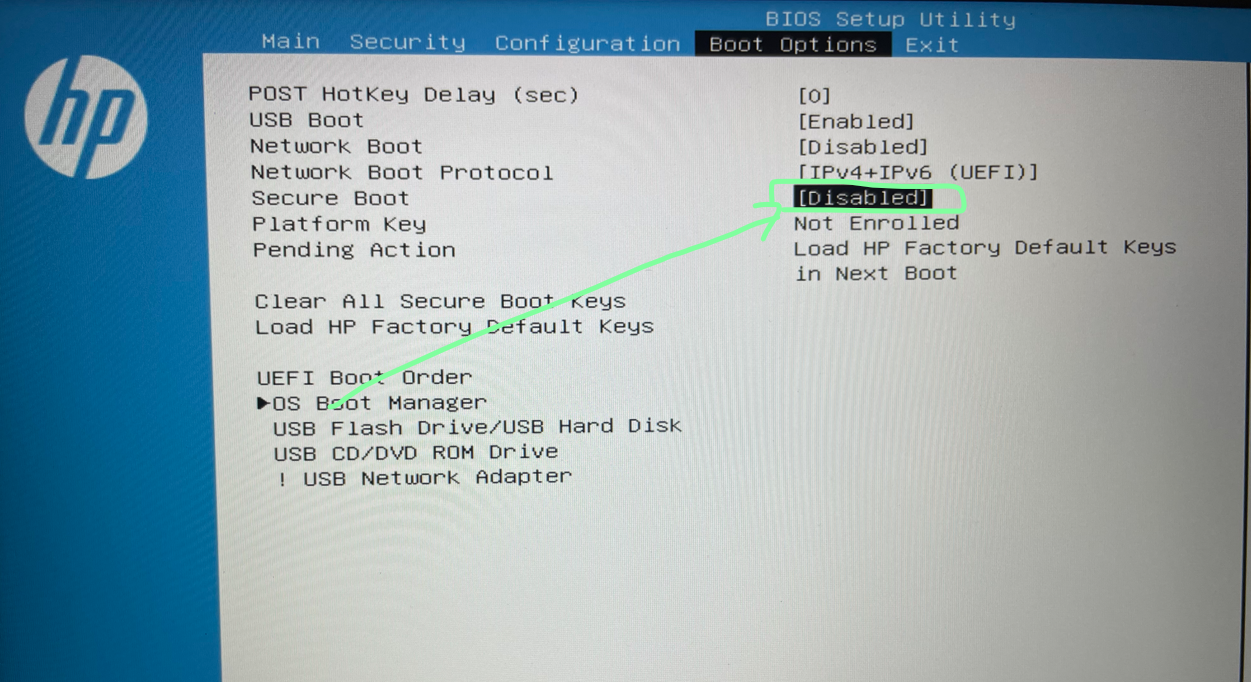 HP 노트북 secure boot 활성화 불가 해결하기 (platform key not enrolled)
