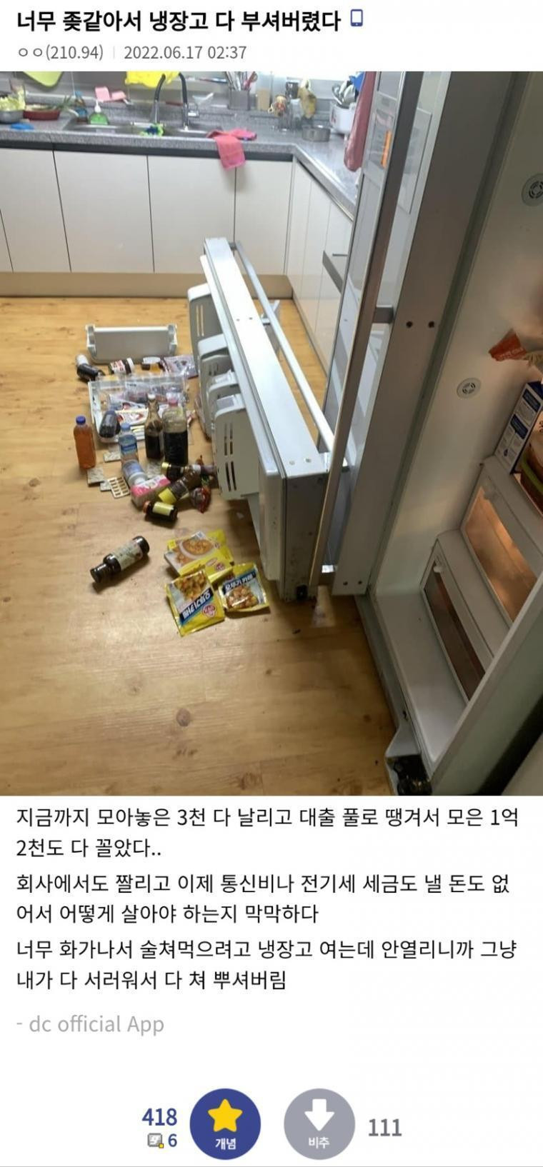 비트코인때문에 냉장고에 화풀이한 디씨인