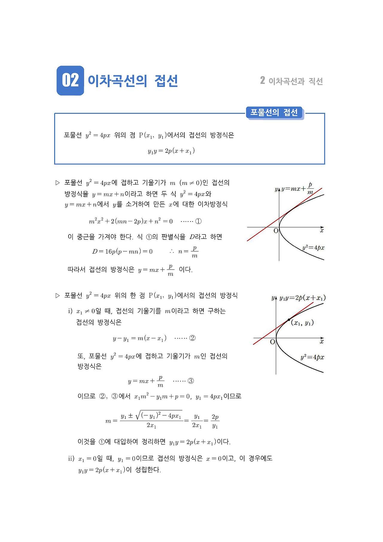 수학 개념 정리/공식 : 포물선의 접선, 타원의 접선, 쌍곡선의 접선