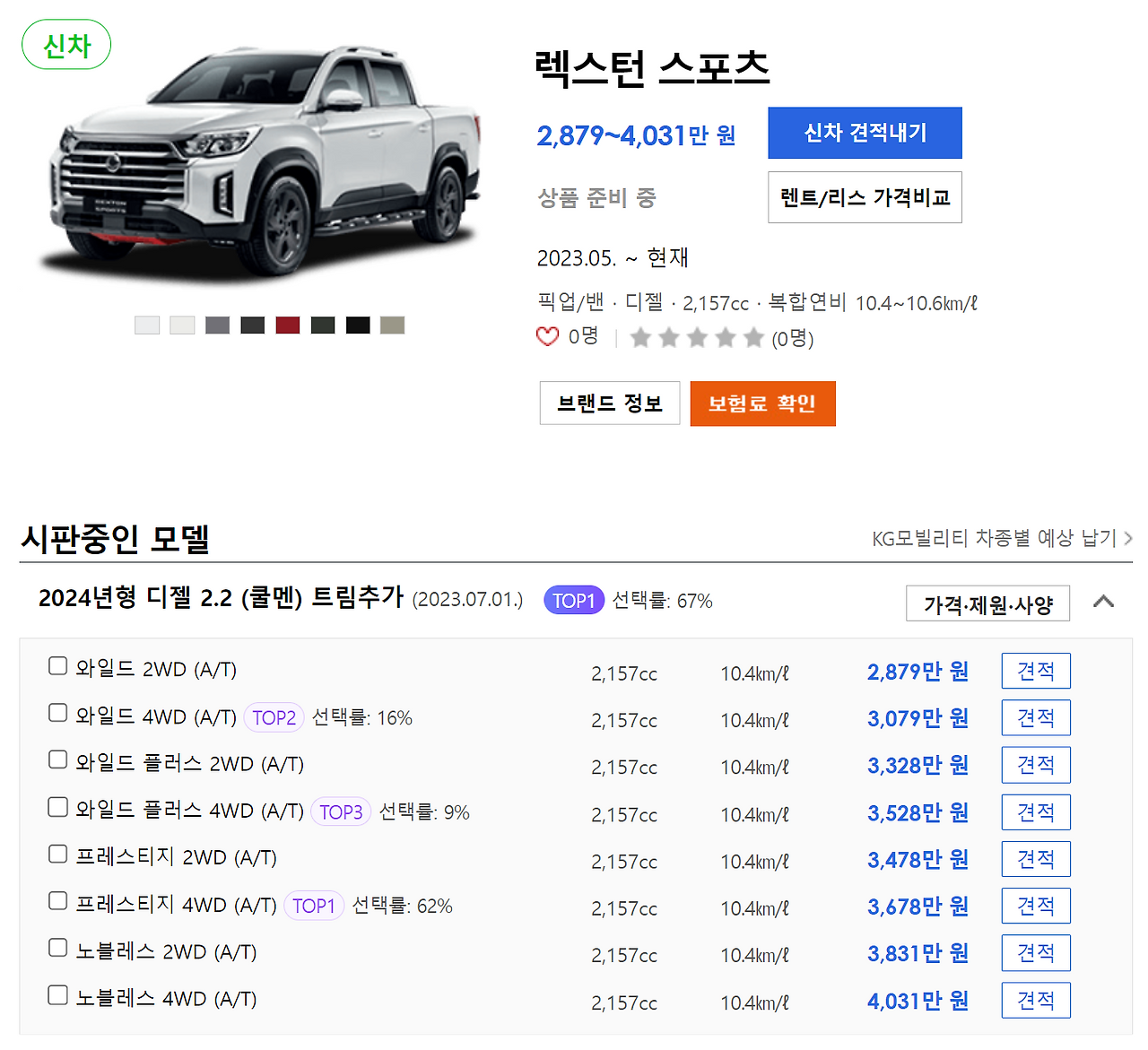 쌍용자동차 신차가격표 | 2024년 최신 기준