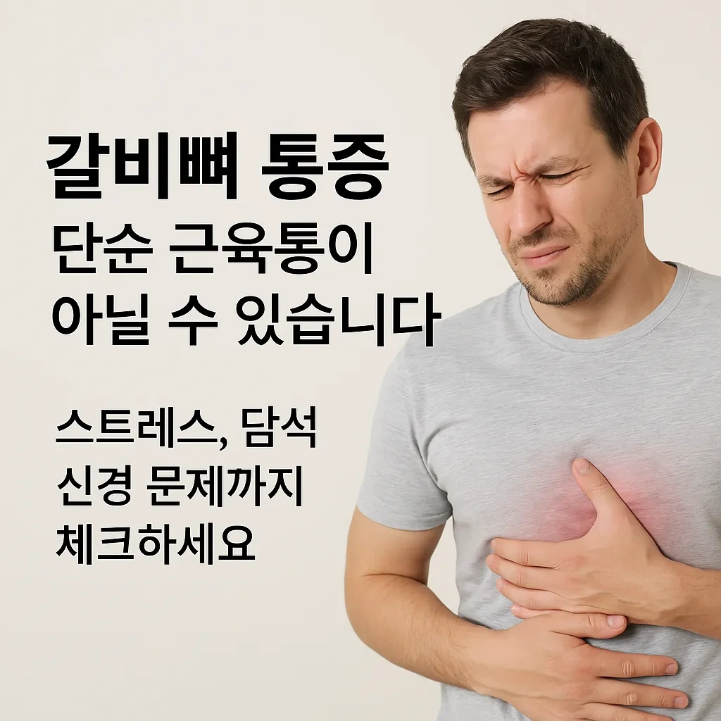 갈비뼈 통증의 다양한 원인을 안내하는 한국어 건강 정보 배너. 스트레스, 담석, 신경 문제 등 갈비뼈 통증의 원인을 시각적으로 강조한 이미지
