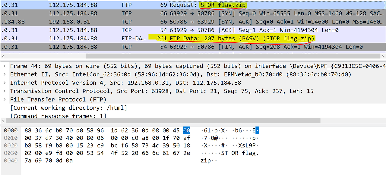 Using wireshark to recover flag againfte
