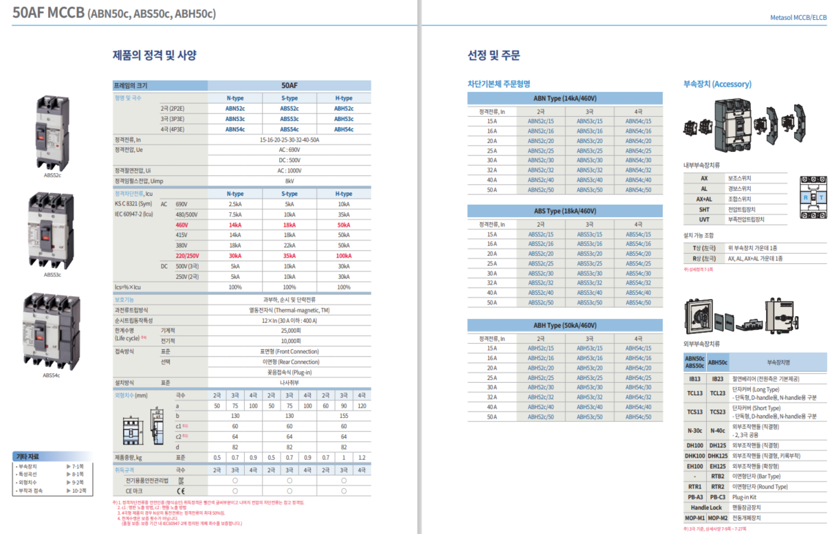 [LS ELEC] MCCB ABH54c 차단기 특징, 사양, 인증, 대체품, 악세사리