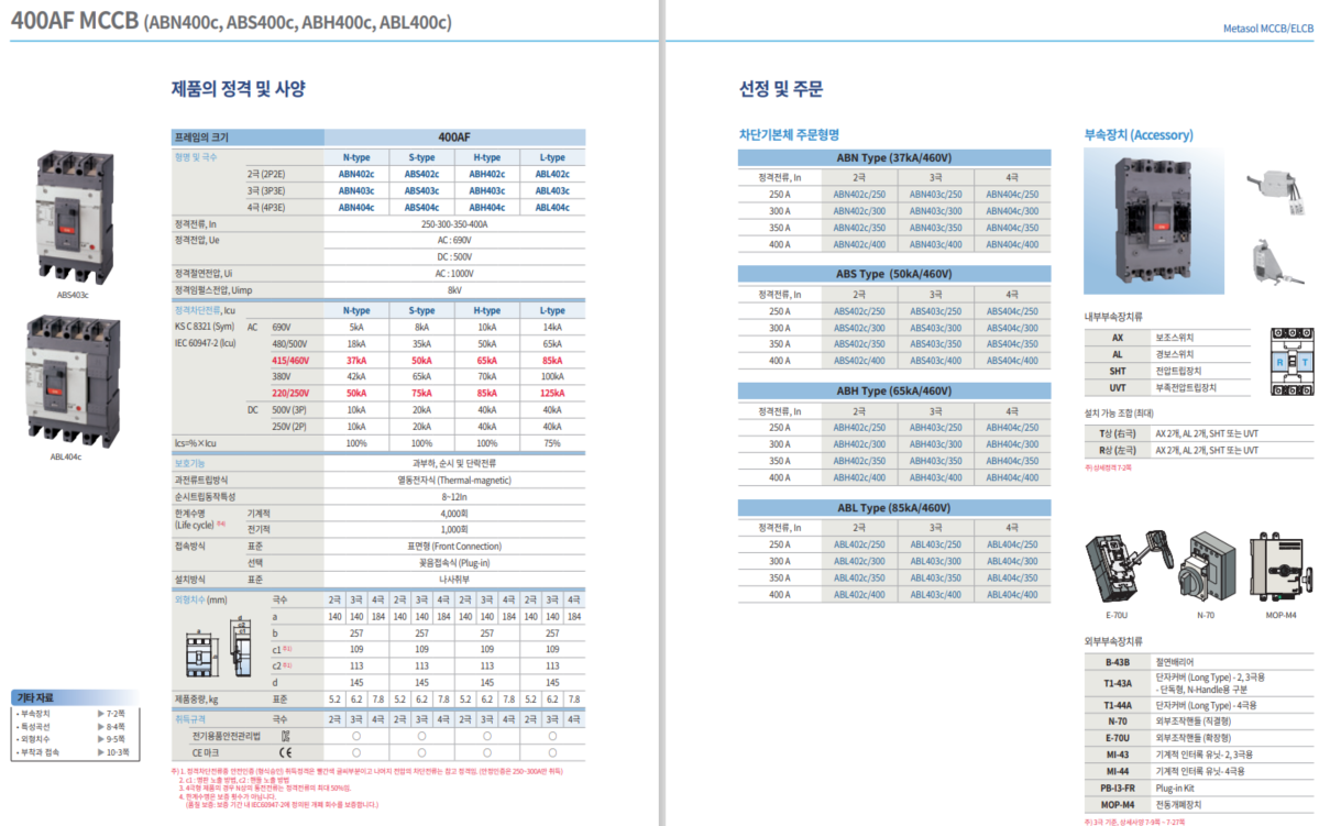 [LS ELEC] MCCB ABN402C차단기 특징, 사양, 인증, 대체품, 악세사리