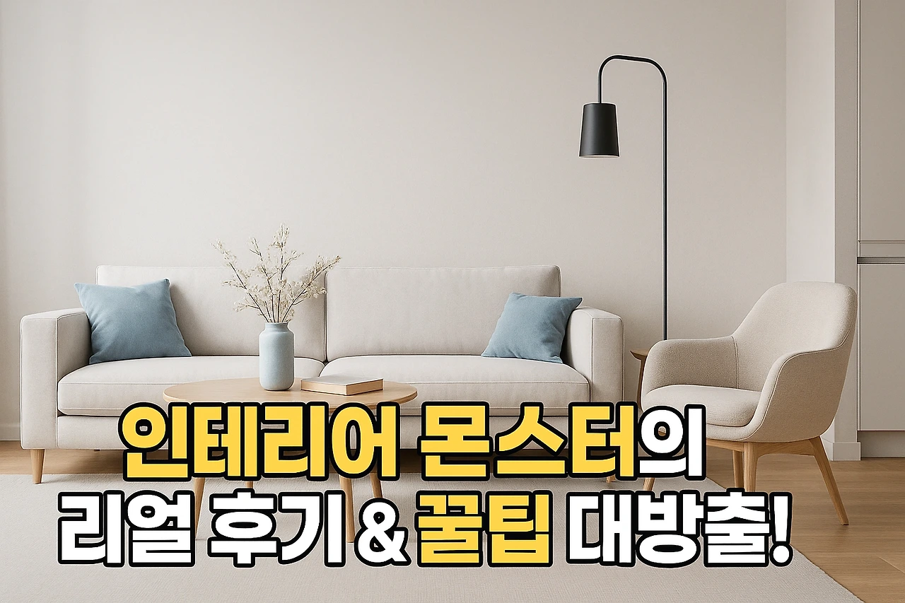 모던하고 아늑한 거실에 소파와 암체어, 원목 테이블이 배치되어 있으며, '인테리어 몬스터의 리얼 후기 & 꿀팁 대방출!' 문구가 강조된 이미지