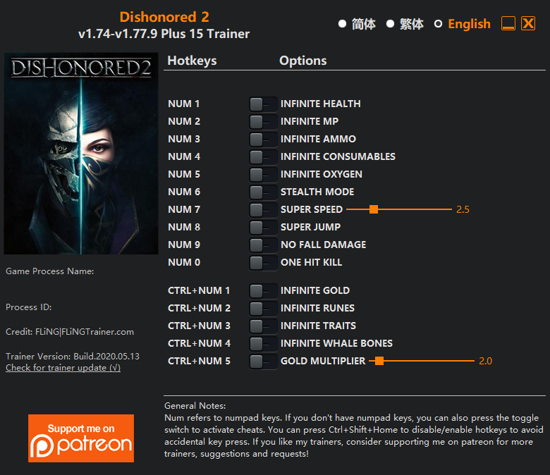 dishonored 2 trainer cheat engine