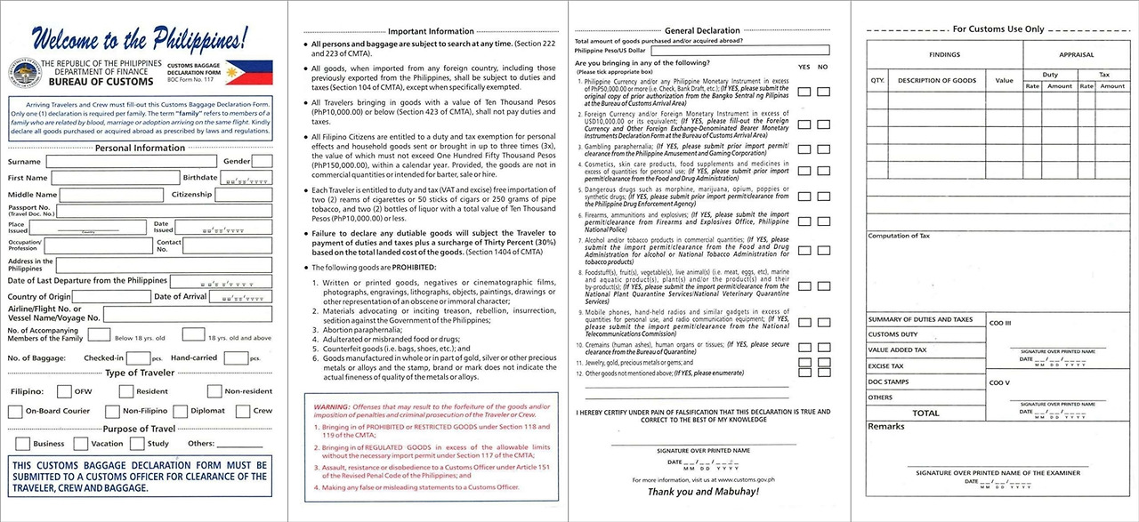 Customs Baggage Declaration Form Philippines