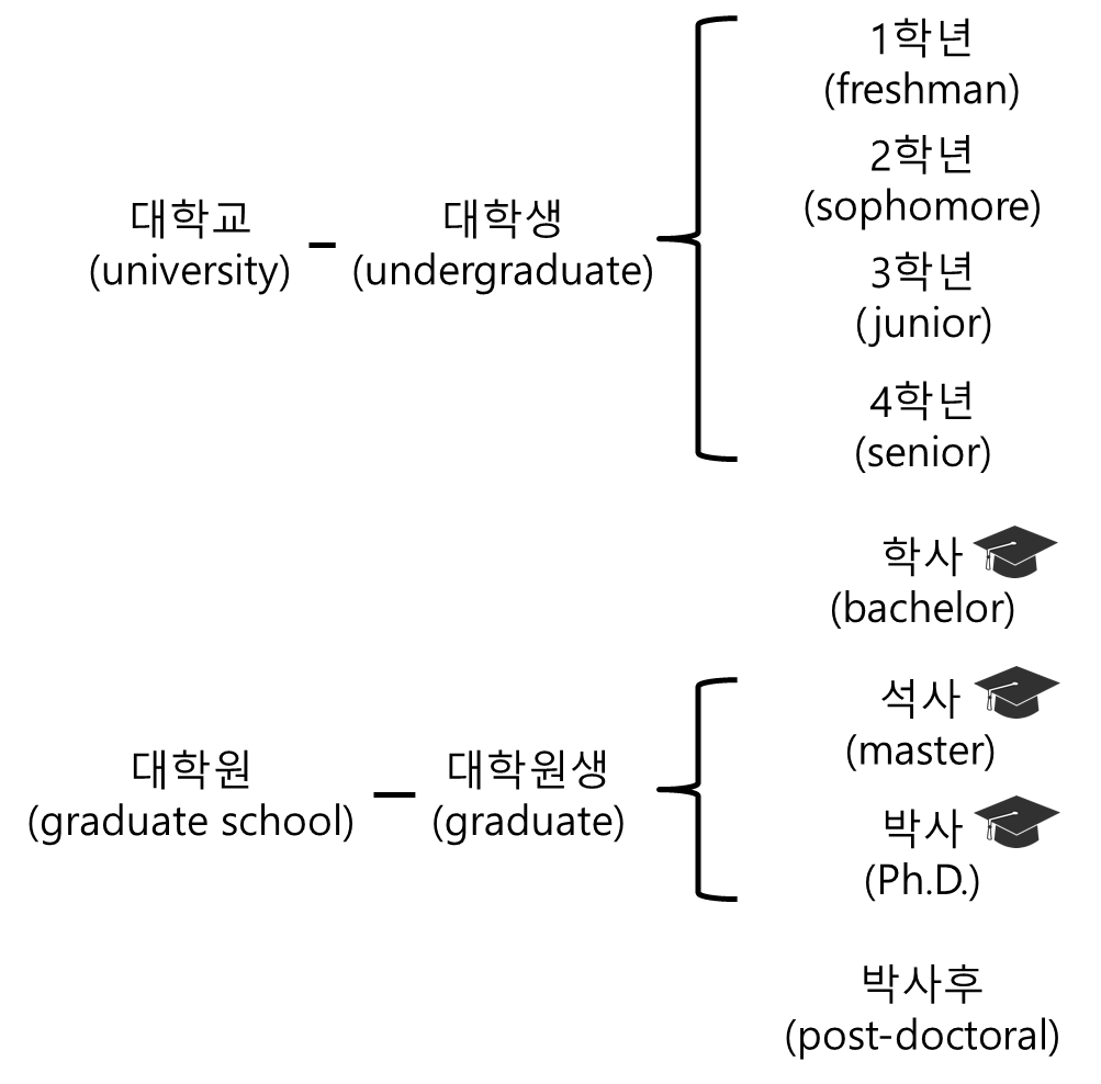 대학교 1, 2, 3, 4학년, 학사, 석사, 박사, 박사후 영어로 어떻게? By Bskyvision.Com