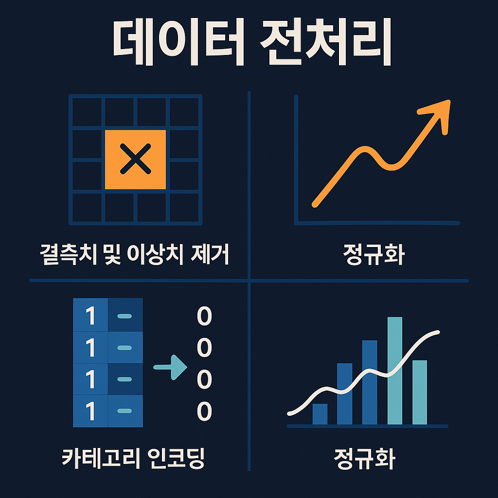 AI 데이터 전처리 단계별 시각화 – 결측치 처리, 정규화, 인코딩 등의 그래픽 정리