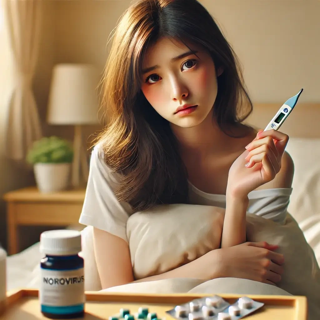 노로바이러스에 감염된 동양인 환자가 침대에 앉아 열이 나며 어떤 약을 먹어야 할지 고민하는 모습. 체온계와 알약들이 주변에 놓여 있고, 따뜻한 조명의 침실 분위기