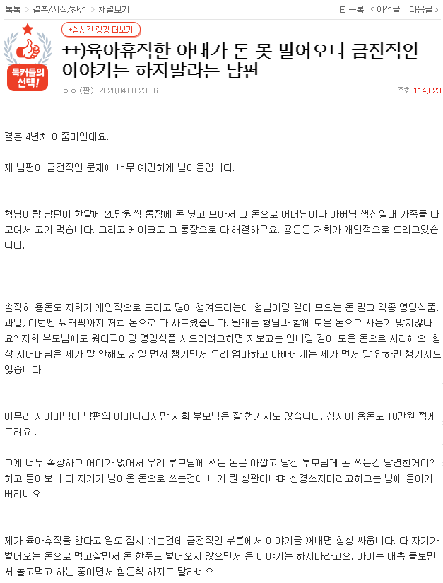 판 육아휴직한 아내가 돈 못 벌어오니 금전적인 이야기는 하지말라는 남편