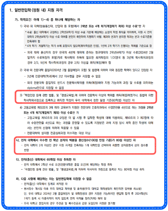 전남대학교 일반편입 지원자격