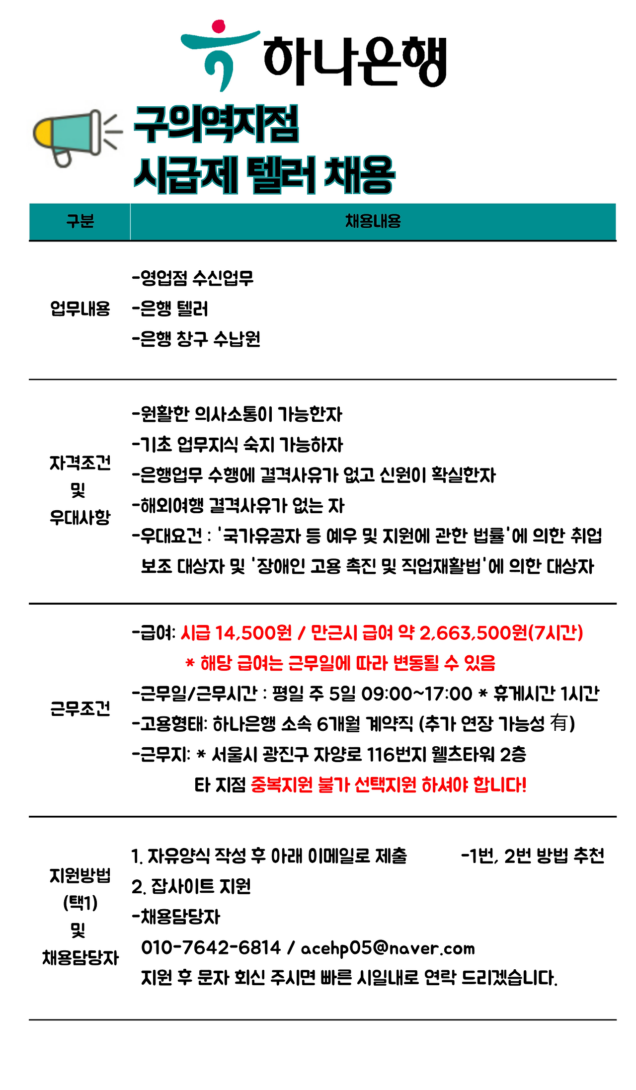 [에이스휴먼파워(주)] [은행원] 하나은행 구의역지점 계약직 텔러 채용 - 사람인