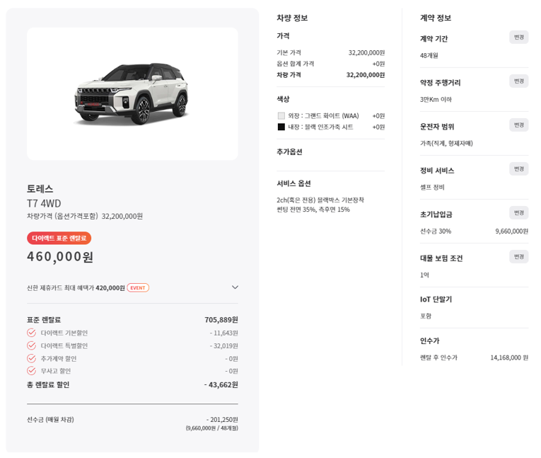 토레스 장기렌트 매월 46만원 견적 후기