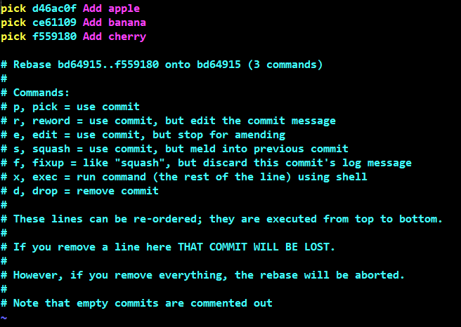git rebase -i 명령으로 편집기가 실행된 모습.