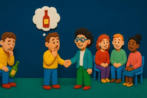알코올 문제를 고민하는 사람이 지지 모임에서 도움을 받고 있는 장면 — 클레이 스타일 인형 인물들이 원형으로 앉아 따뜻하게 격려하는 모습