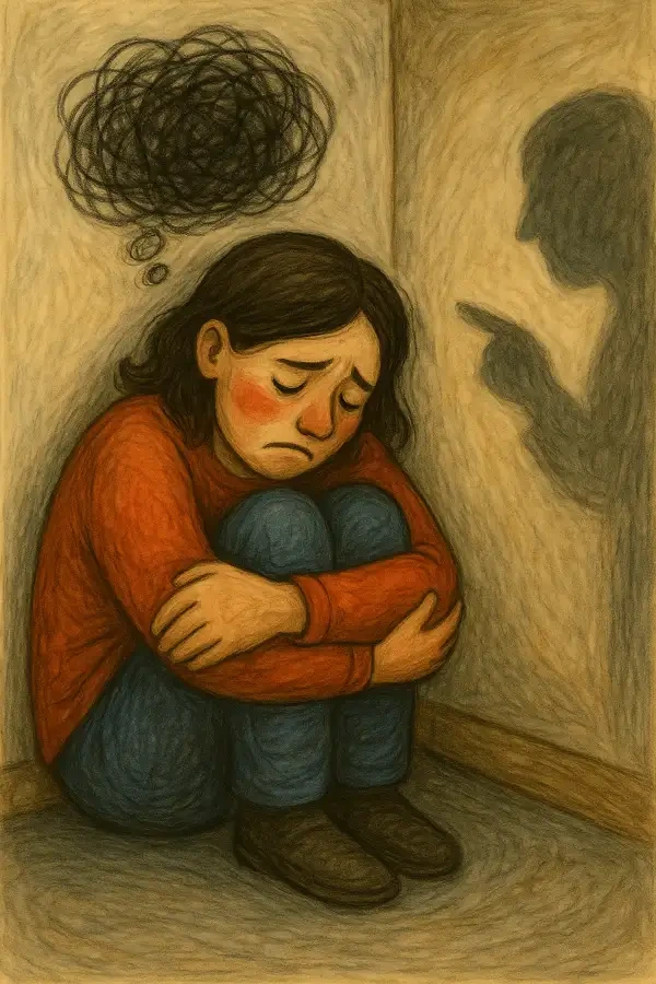 사회적 낙인과 내면의 수치심으로 인해 고립감을 느끼는 사람의 모습 — 그림자 비난과 웅크린 자세, 붉은 뺨이 특징인 감정적 장면