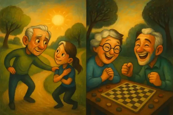 공원에서 자녀와 함께 스트레칭하거나 보드게임을 하며 웃고 있는 노년의 부모님의 모습을 팀 버튼풍 감성으로 표현한 따뜻한 일러스트