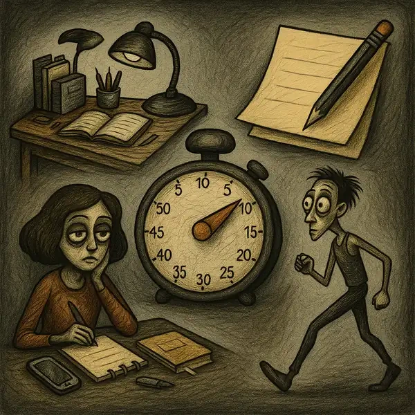 정리된 책상, 타이머, 메모 도구, 운동하는 인물이 포함된 팀 버튼풍 감성의 성인 ADHD 일상관리 전략 인포그래픽