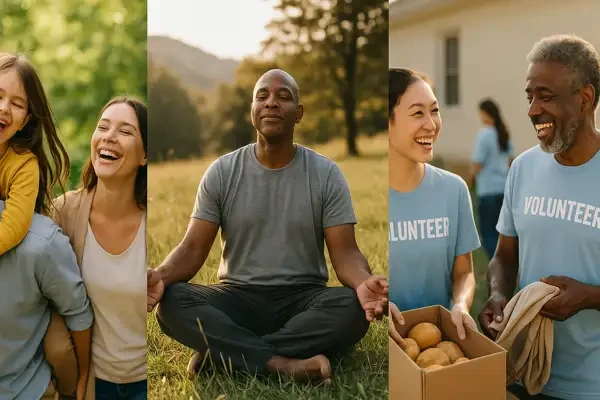 회복 이후 긍정적인 삶을 상징하는 이미지 콜라주 — 가족과의 웃음, 자연 속 명상, 자원봉사 활동 장면