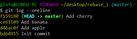 현재 커밋 히스토리. Add apple, Add banana, Add cherry 를 순서대로 추가한 모습.
