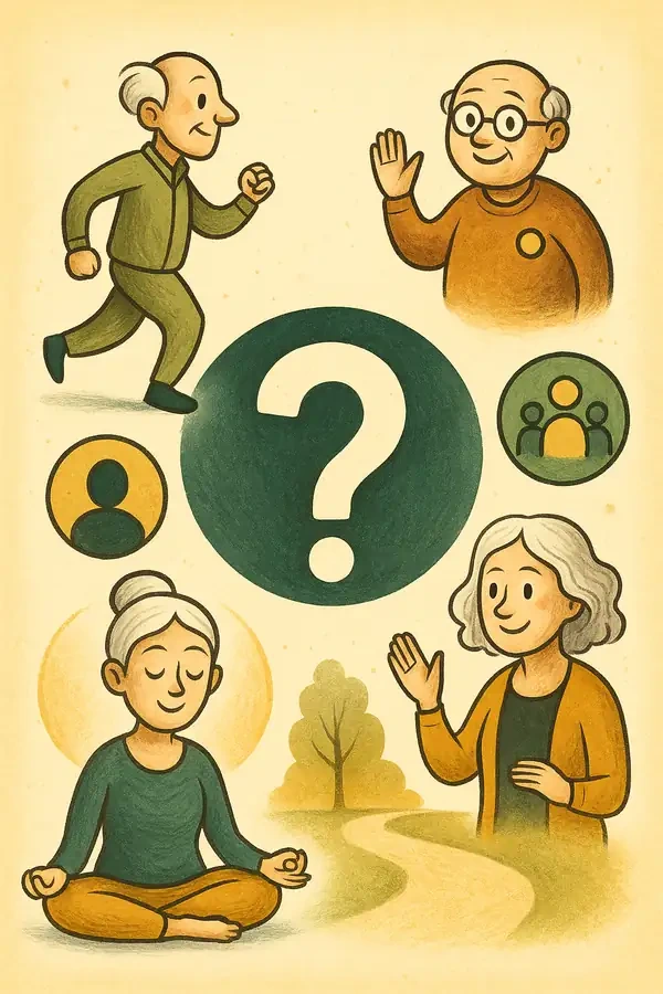 물음표 아이콘을 중심으로 운동, 명상, 사회활동 등 건강한 노년의 삶을 상징하는 아이콘이 조화롭게 배치된 팀 버튼풍 감성의 FAQ 안내 일러스트