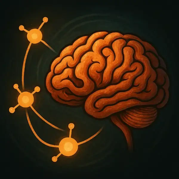 OCD 관련 뇌 구조(CSTC 회로)와 세로토닌 분자 간 연결을 시각적으로 표현한 반사실적 감성 일러스트