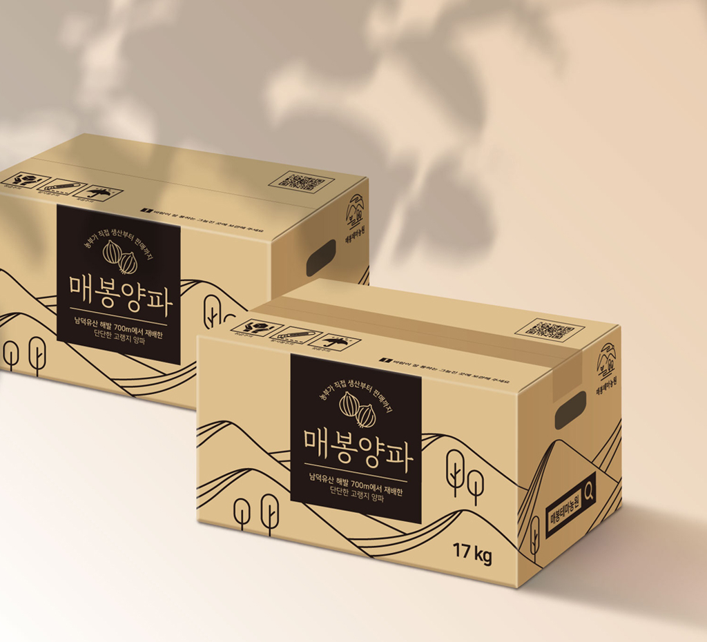 산 이미지를 로고와 연관시킨 양파 택배박스 디자인