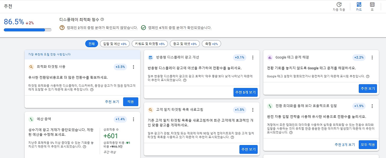 구글 광고 설정 자동 추천 기능