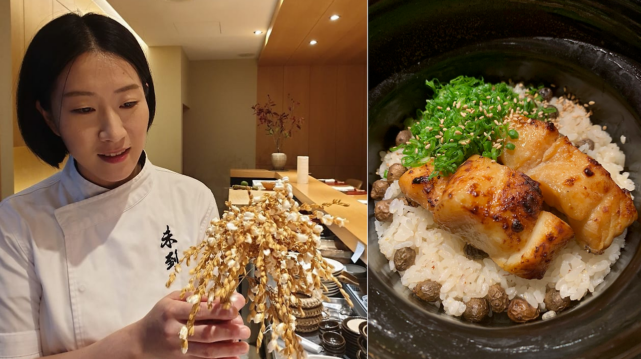 Chef Kwon’s parent cultivates rice (left), which is used in Mitou’s Gohan (right) ⓒMitou