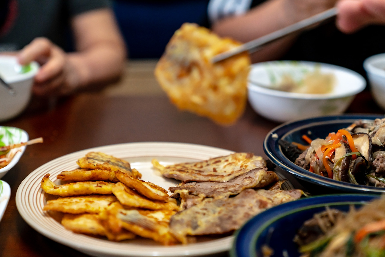 Cod jeon (left) and Beef jeon (right)