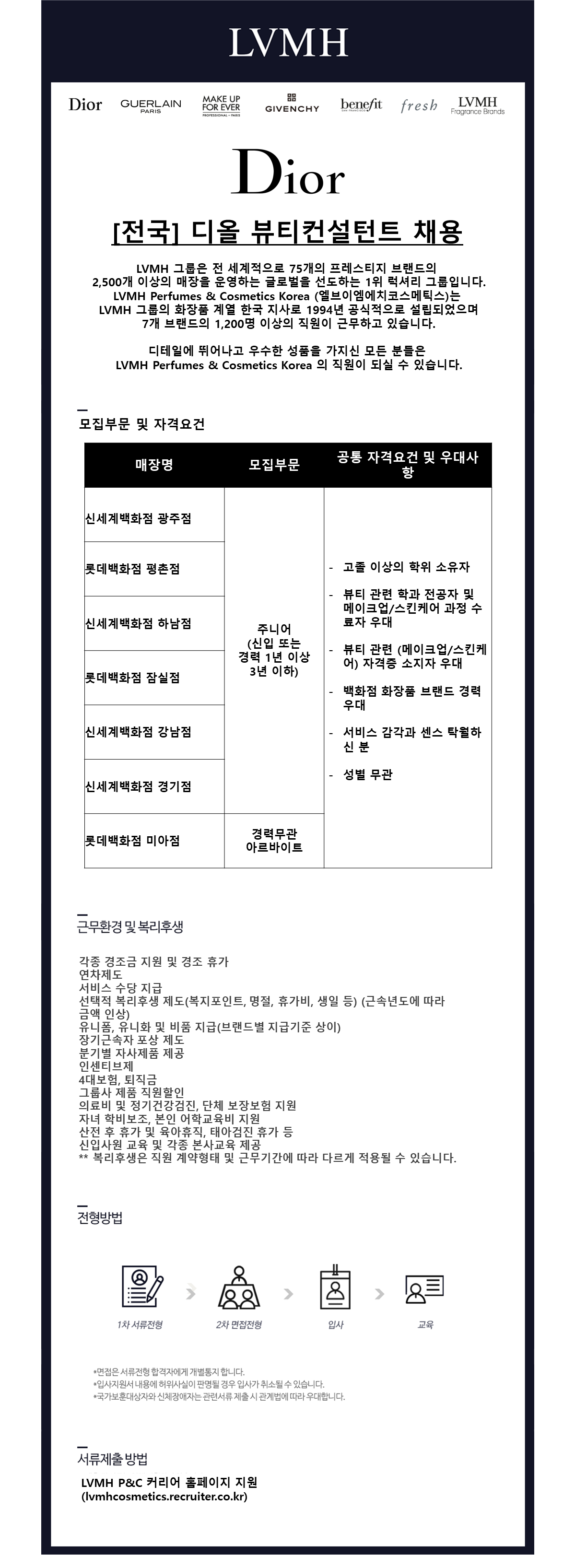 엘브이엠에치코스메틱스(유) 채용 - [LVMH P&C 디올] 전국(서울/안양/하남/용인/광주) 백화점 - 매장 뷰티컨설