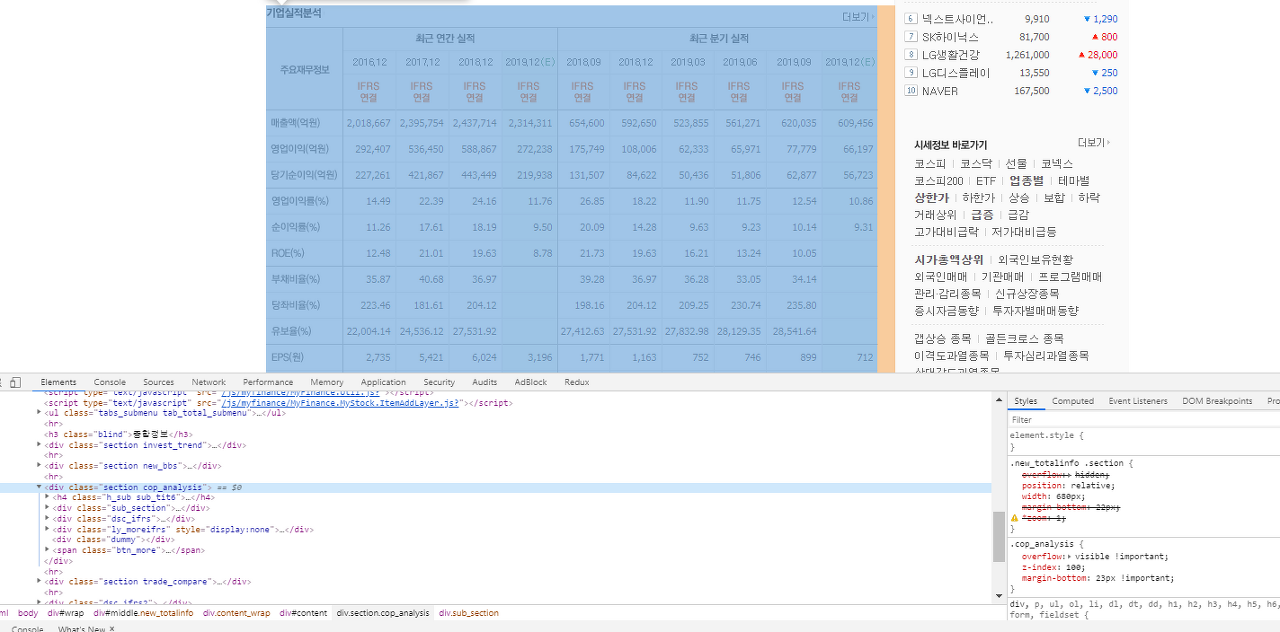 Python, BeautifulSoup4으로 Naver Finance 정보 크롤링 네이버 기업실적 크롤링