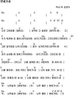 K의 코드 악보나라-김동률 - 내 마음은 (기타코드악보)