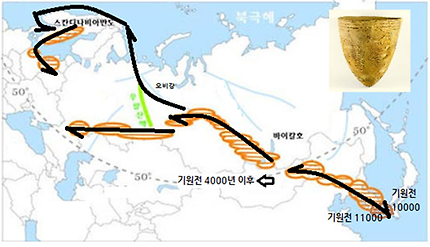 빗살무늬 토기의 전파 경로. 홍익희 ‘한반도에서 퍼져나간 빗살무늬 토기’(2015) 게재 지도를 기초로 재구성. © 사진=이진아 제공