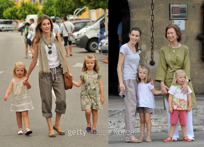 2010년 레티시아와 두 딸의 모습. 스페인 SPA 브랜드 옷을 입고 개성적인 스타일을 연출한 레티시아 왕비.