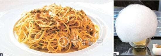 ③ 어란 파스타 ‘보따르가’와 ④ 바닐라 젤라토 위에 올려진 솜사탕에 에스프레소를 부어 먹는 아포가토. [임현동 기자, 각 브랜드]