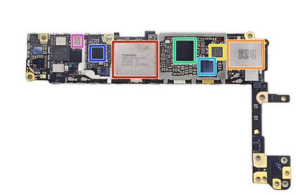 아이폰6S의 로직보드 모습. ▲붉은색 네모안에는 도시바 THGBX5G7D2KLFXG 16GB(19nm공정)NAND플래시 메모리가 들어있다. ▲오렌지색안은 유니머설 사이언티픽인더스트리얼의  339S00043 와이파이 모듈이다. ▲노란색 안은NXP 66V10 NFC컨트롤러다.(아이폰6에서는 65V10컨트롤러가 사용됐다.) ▲연록색은 애플/다이어로그338S00120 파워매니지먼트IC다. ▲하늘색은 애플/시러스로직의 338S00105 오디오 IC다.▲청색안은 퀄컴의 PMD9635 파워매니지먼트 IC다. ▲분홍색 안은 스카이웍스의 SKY77357 파워앰프 모듈이다.(SKY77354과 같은 부품으로 보인다.)사진=아이픽스잇
