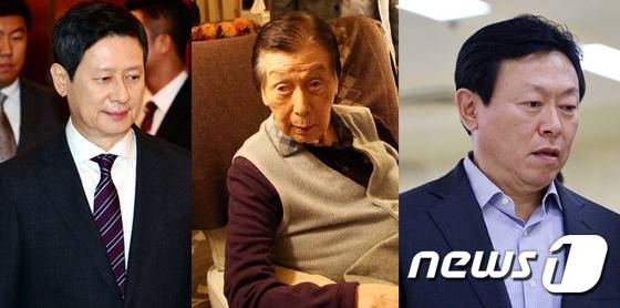 사진 왼쪽부터 신동주 SDJ코퍼레이션 회장, 신격호 롯데그룹 총괄회장, 신동빈 롯데그룹 회장. © News1