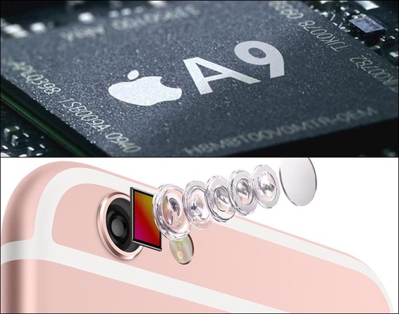 아이폰6s A9칩의 모습(위), 아이폰6s 아이사이트 카메라 모듈(오른쪽)