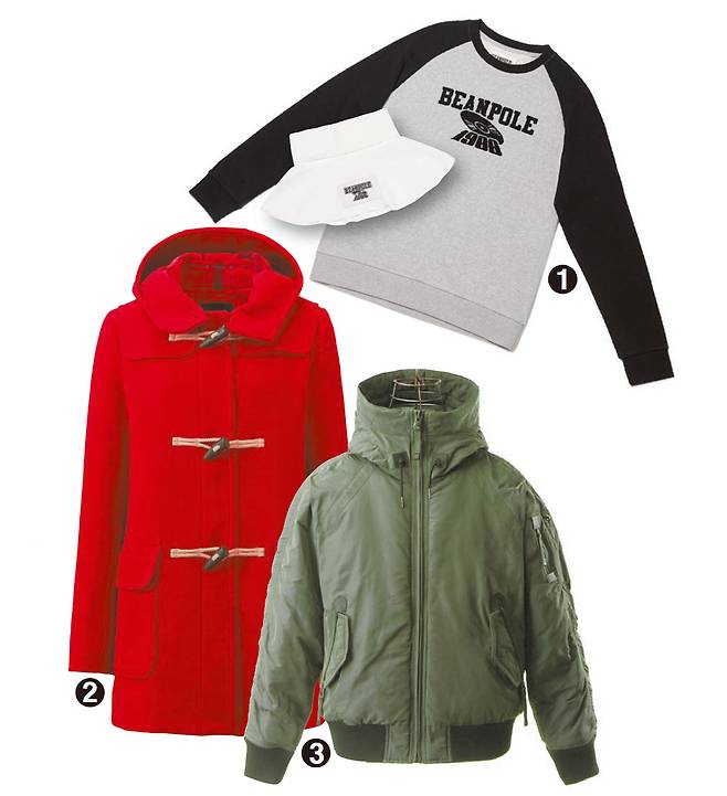 ① 빈폴은 복고라인을 출시했다. 페이크 목폴라와 스웨트셔츠 ② 80~90년대에 많이 입었던 더플코트. 유니클로 ③ 항공재킷을 현대적으로 해석한 ‘더 바머 파카’. 시리즈