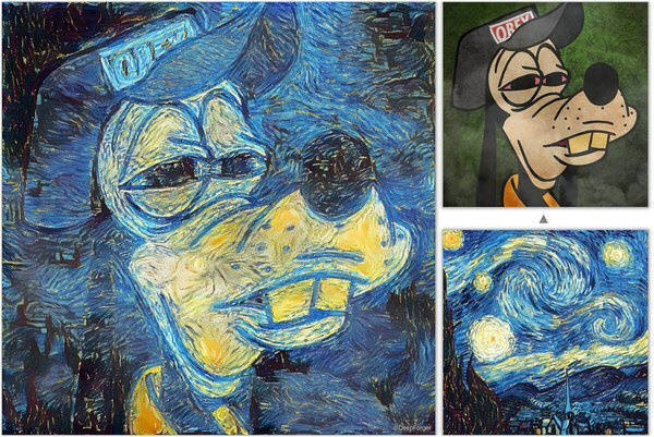 디즈니 만화 구피의 모습이 고흐의 작품 `별이 빛나는 밤에`(오른쪽아래)의 모습으로 변용된 모습. 사진=트위터 딥포저