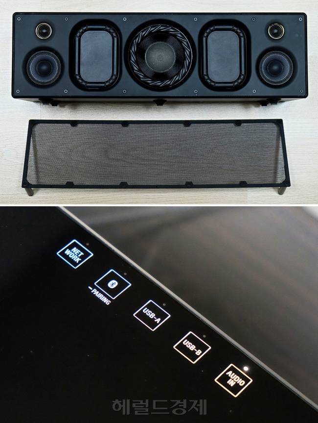 그릴을 제거한 X99(위). 강력한 저음을 구현하는 듀얼 패시브 라디에이터와 슈퍼 트위터가 숨어있다. 슈퍼 트위터는 4만 Hz의 고음을 균형감 있게 재생한다. 각 버튼은 은은한 빛으로 고급스럽다(아래).