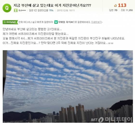 한 포털사이트에 올라온 지진운 관련 게시물./출처=인터넷 게시물 캡쳐