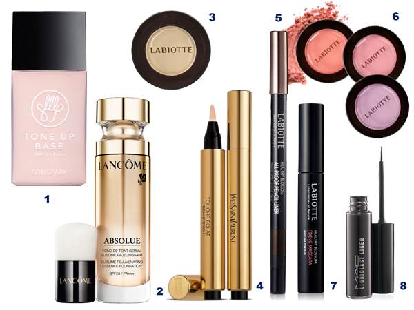 1. 손앤박 `톤업베이스`2. 랑콤 `압솔뤼 수블라임 레쥬브네이팅 에센스 파운데이션`3. 라비오뜨 `페탈 어페어 모노 아이섀도우`4. 입생로랑 `뚜쉬 에끌라 1호`5. 라비오뜨 `헬시 블라썸 올프루프 펜슬라이너 2호`6.