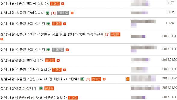 20일 상품권이 지급된 이후 인터넷 중고카페에 20일부터 21일(오후 6시)까지 상품권을 사고파는 게시글이 줄지어 올라왔다.