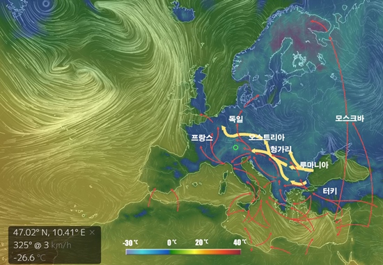 유럽으로 향하는 난민 루트와 유럽의 기온 및 풍속 [참조 : http://earth.nullschool.net/]