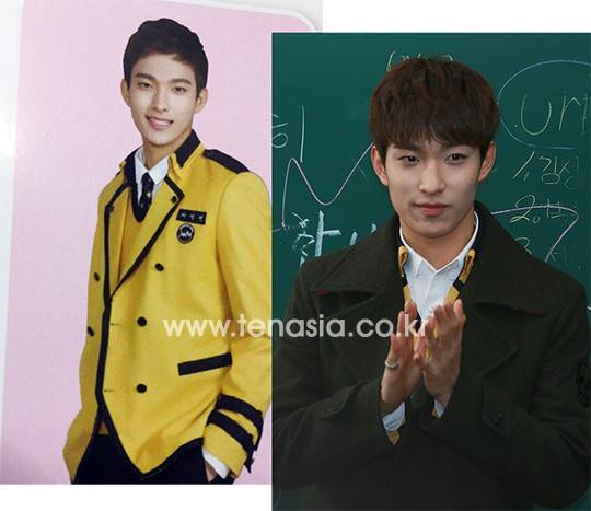 그룹 세븐틴 멤버 도겸이 4일 오전 서울 구로구 궁동 서울공연예술고등학교 졸업식에 참석하고 있다. 사진 왼쪽은 졸업 앨범 사진, 오른쪽은 졸업식날 모습.