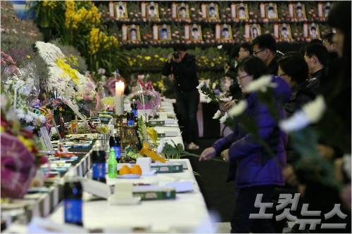 설날인 8일 경기도 안산시 화랑유원지 내 세월호참사 희생자 정부합동분향소에서 유가족들이 분향하고 있다. 박종민기자