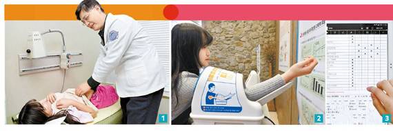 1 서고은양이 위를 비롯한 내장 기관의 통증을 확인하고 있다. 2 기초 신체 검사 중 하나인 혈압 검사. 3 소화기관 상태 검사를 위해 서고은양이 작성한 문진표. 몸속에 노폐물이 쌓이면 복통과 집중력 저하 등의 증상이 나타난다.